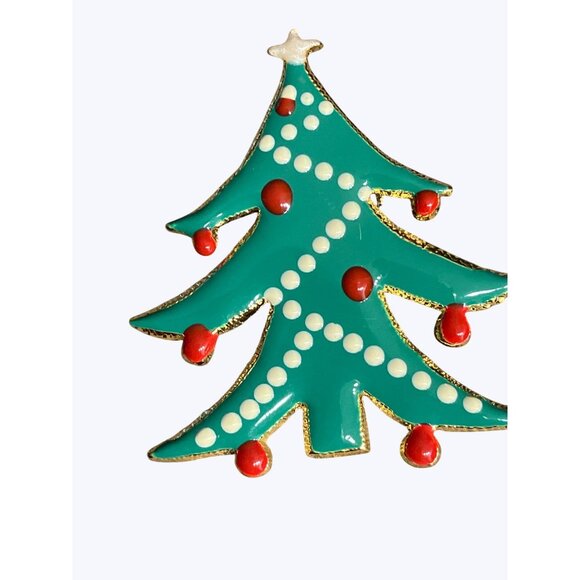 Vintage Christmas Tree Enamel Brooch Pin With Red & White Accents - Picture 1 of 8